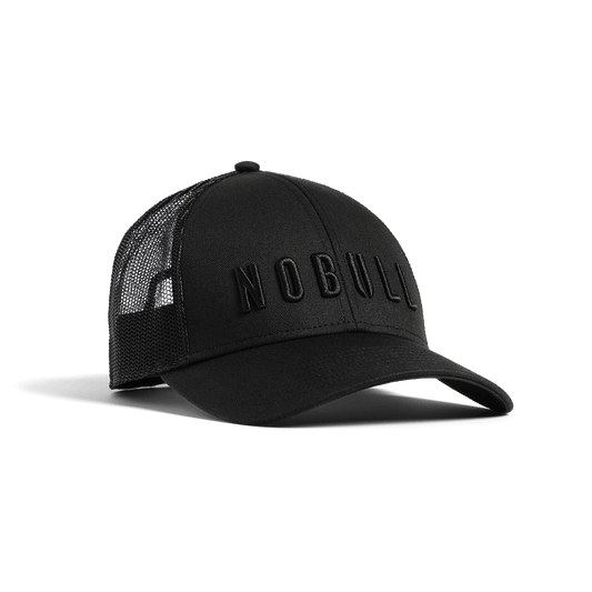 
                        Black Low Profile Trucker Hat Front Angle.
                      