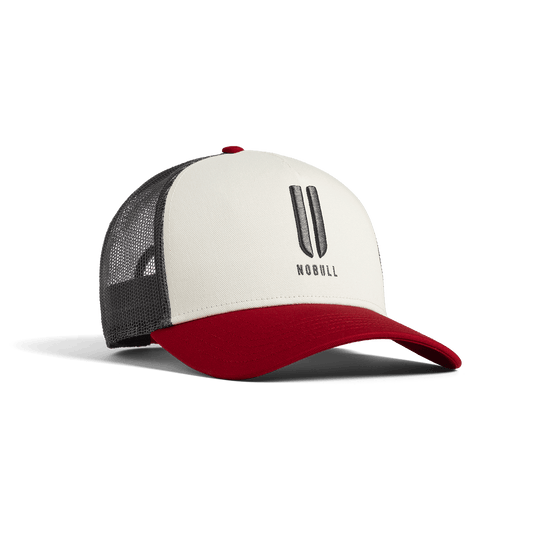 
                        Mineral White Equestrian Red NOBULL Trucker Hat Front Angle.
                      