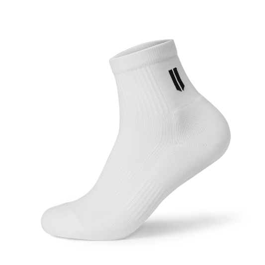 White Quarter Crew Performance Sock Front Silhouette Angle.