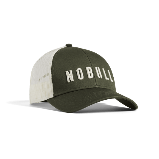 
                        Shadow Olive Mineral White NOBULL Low Profile Trucker Hat Front Angle.
                      