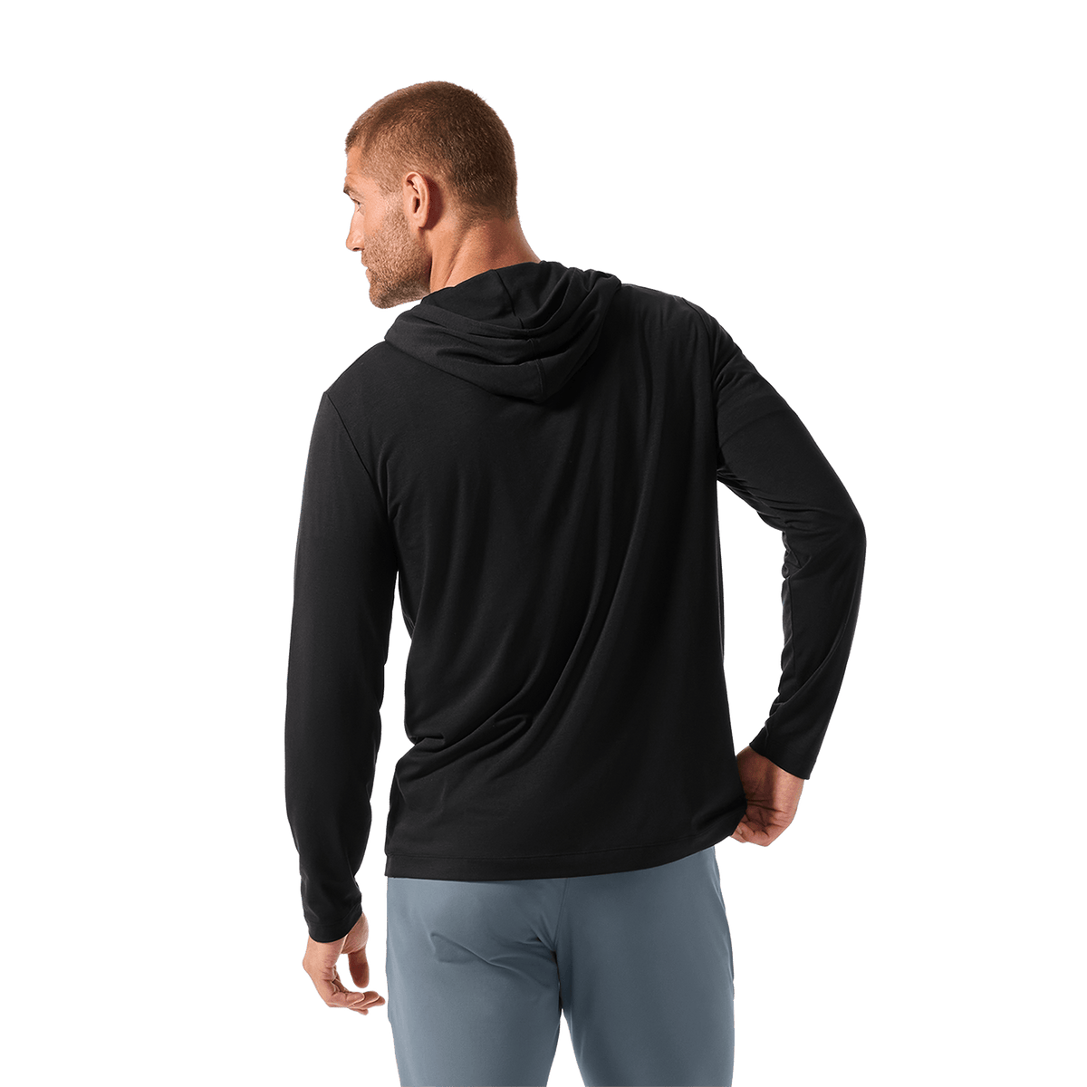 Men's NOBULL Public Rec Black Adapt Hoodie Back Waist Up Angle.