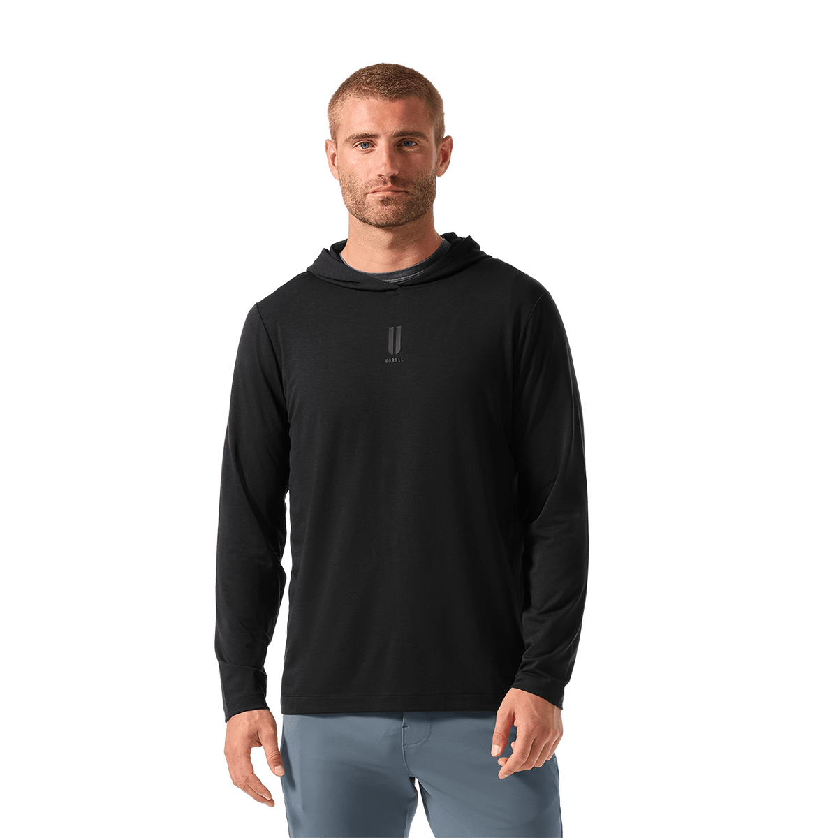 Men's NOBULL Public Rec Black Adapt Hoodie Front Waist Up Angle.