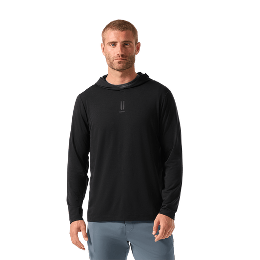 Men's NOBULL Public Rec Black Adapt Hoodie Front Waist Up Angle.