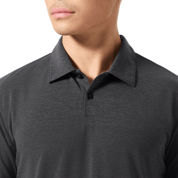 Men's Charcoal Heather Public Rec Adapt Polo Front Detail Angle.