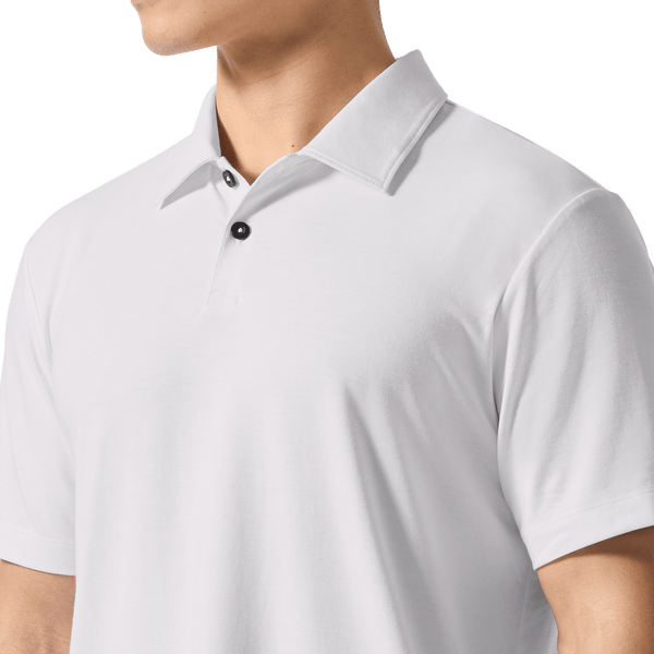 Men's White Public Rec Adapt Polo Detail Angle.