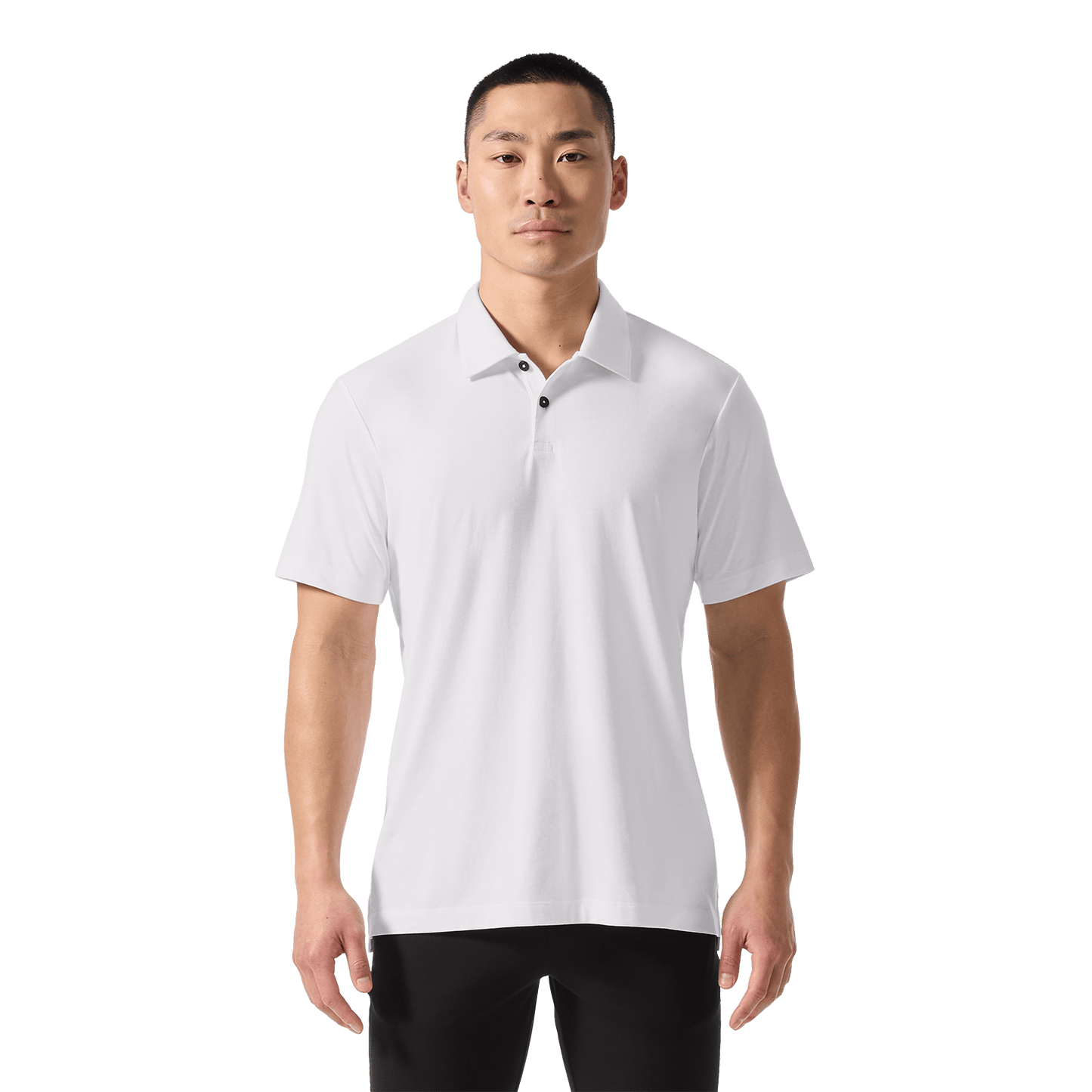 Men's White Public Rec Adapt Polo Front On Body Angle.