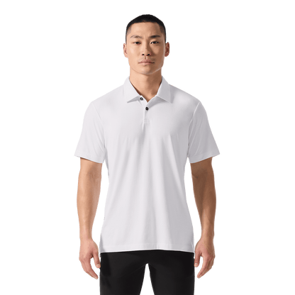 Men's White Public Rec Adapt Polo Front On Body Angle.