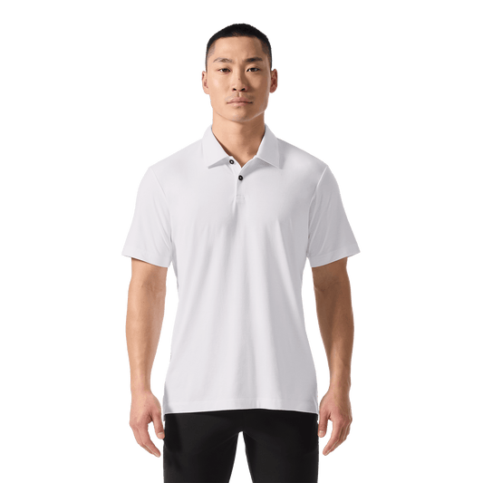 Men's White Public Rec Adapt Polo Front On Body Angle.