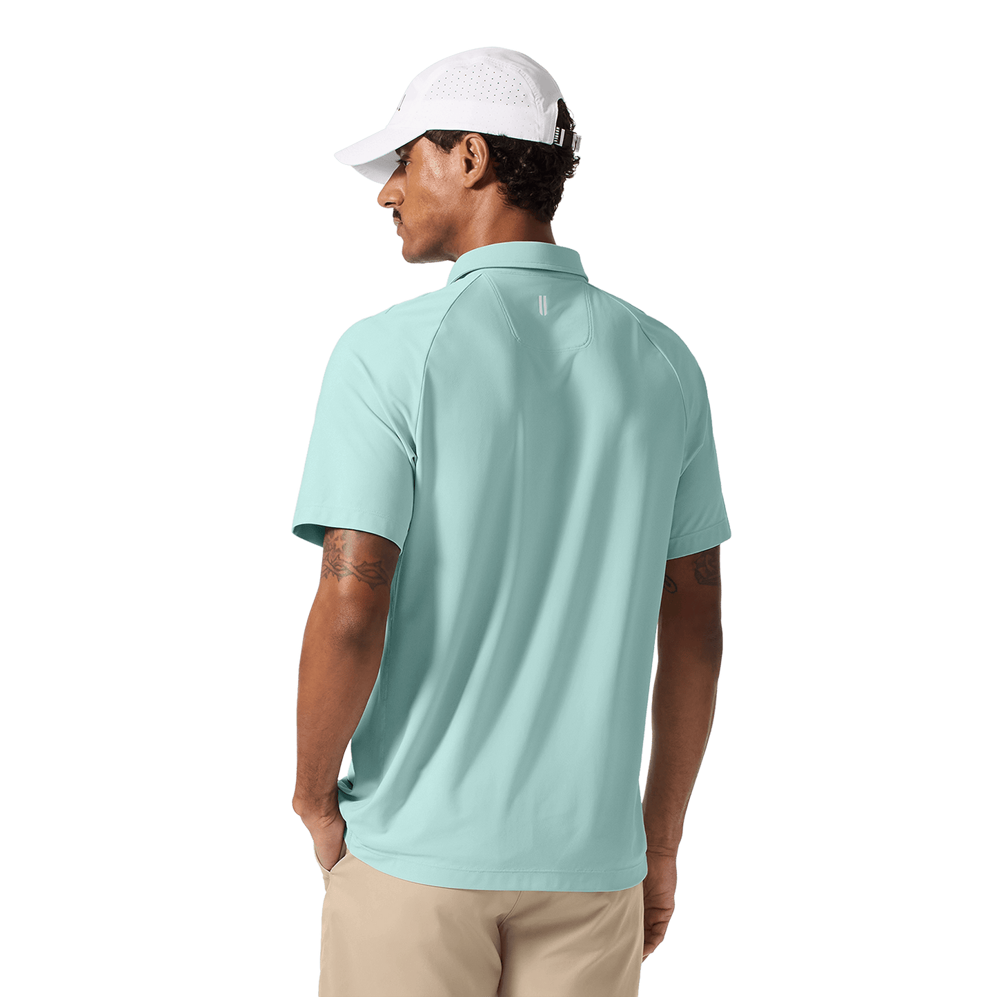 Men's Blue Haze All Fore It Polo Back Upper Body Angle.