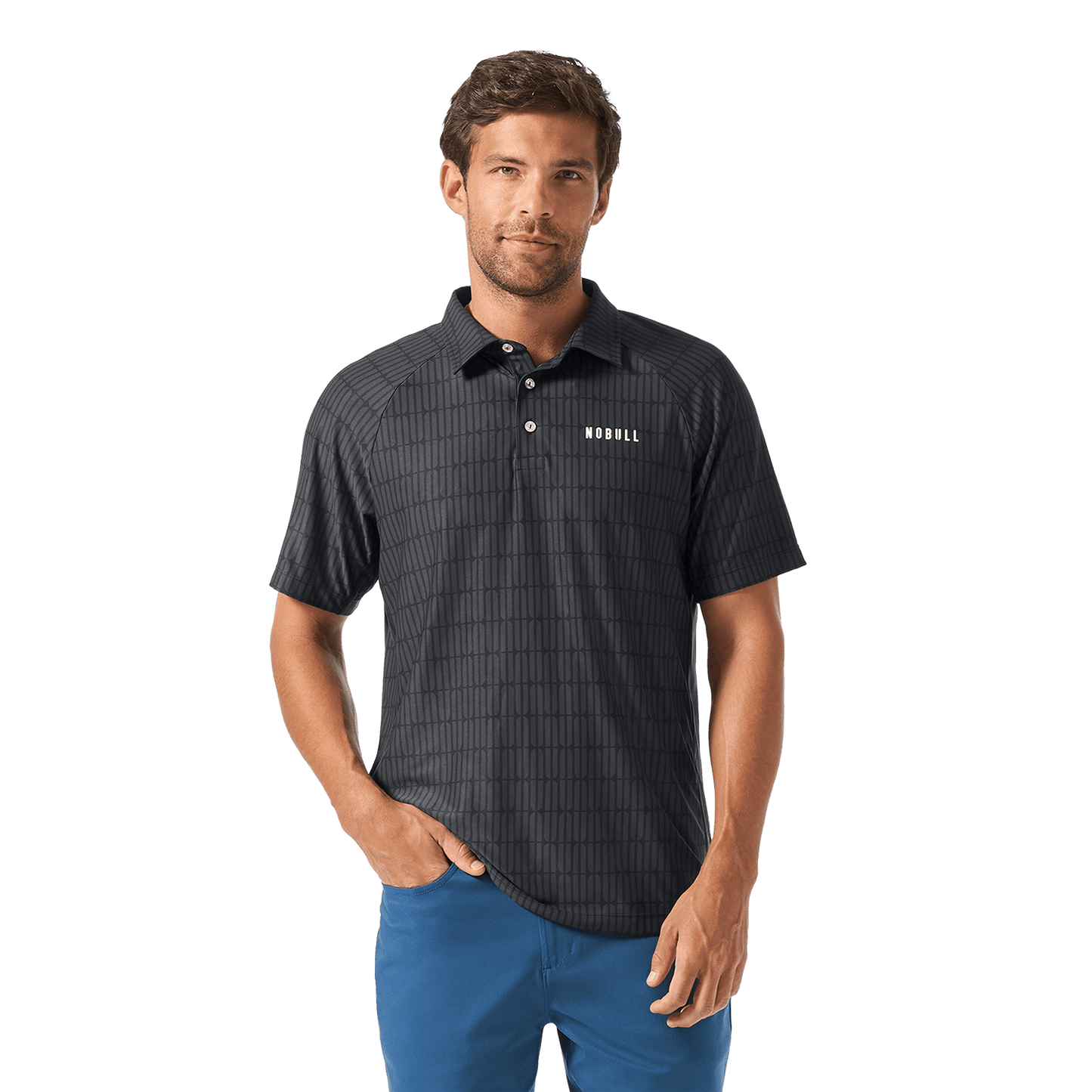 Black U Repeat All Fore It Polo Front Waist Up Angle.