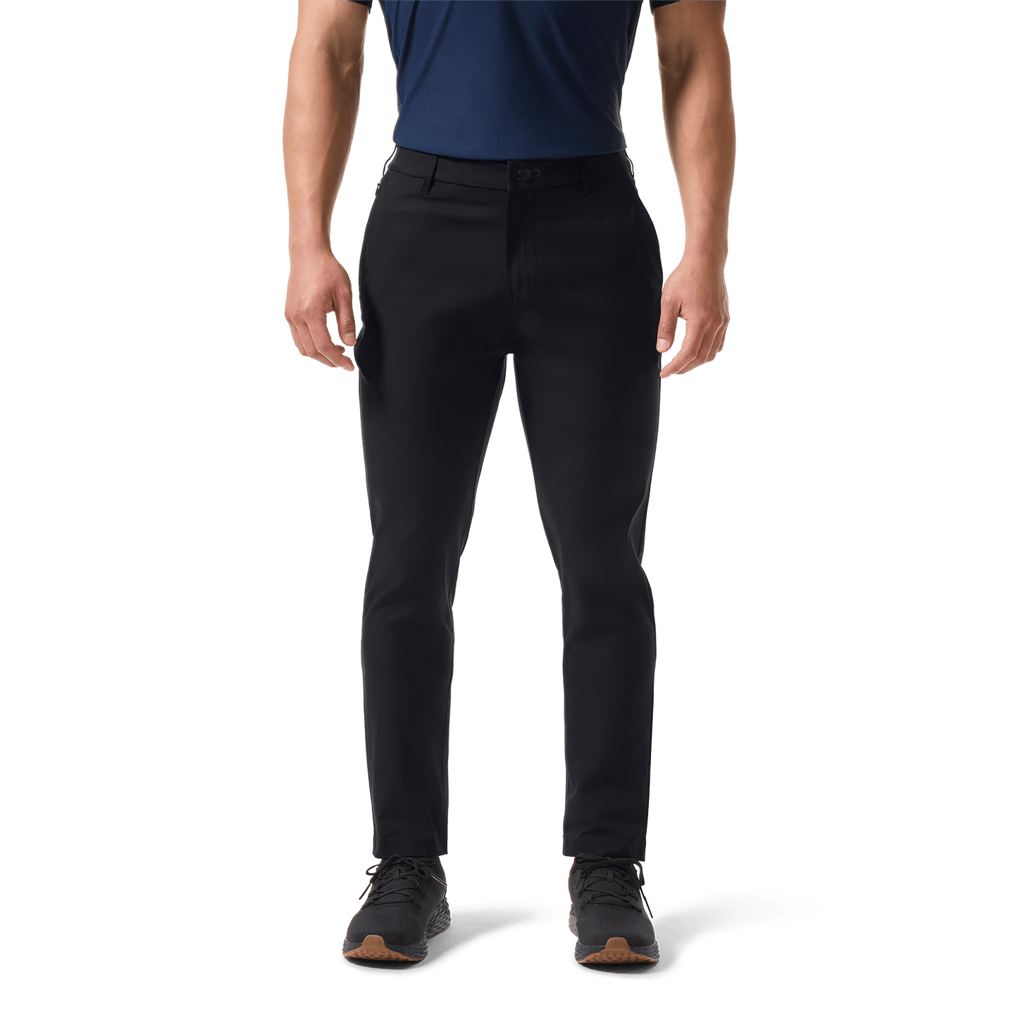 Black Men's Public Rec Dealmaker Chino+ Pants Front Lower Body Angle.