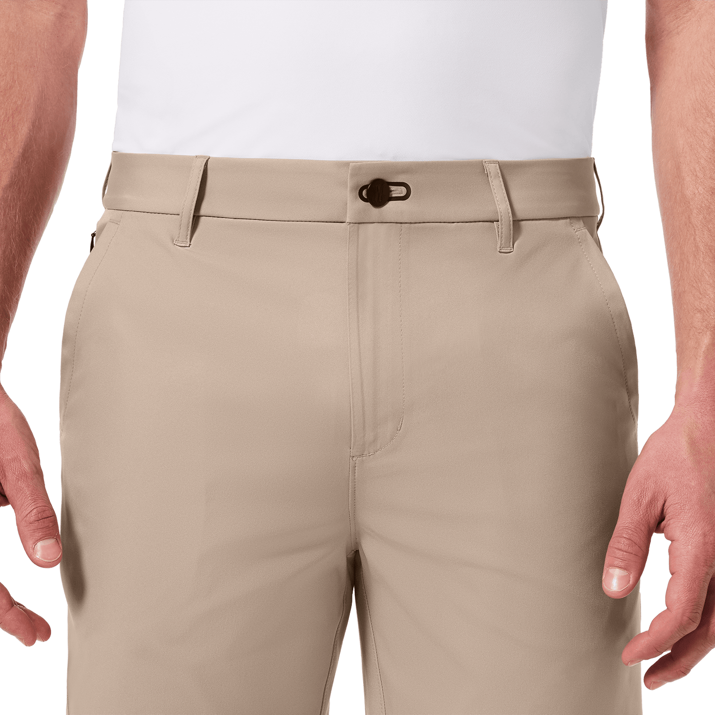 Sand Dealmaker Chino+ Short Front Detail Angle.