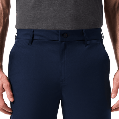 Men's Public Rec Navy Dealmaker Chino+ Short Front Detail Angle.