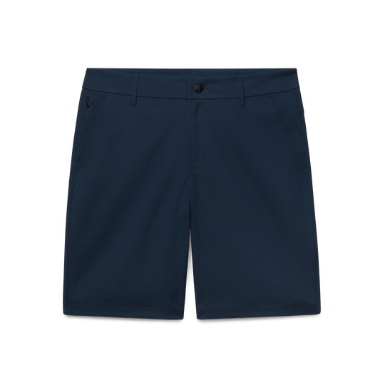 Men's Public Rec Navy Dealmaker Chino+ Short Flat Lay Angle.