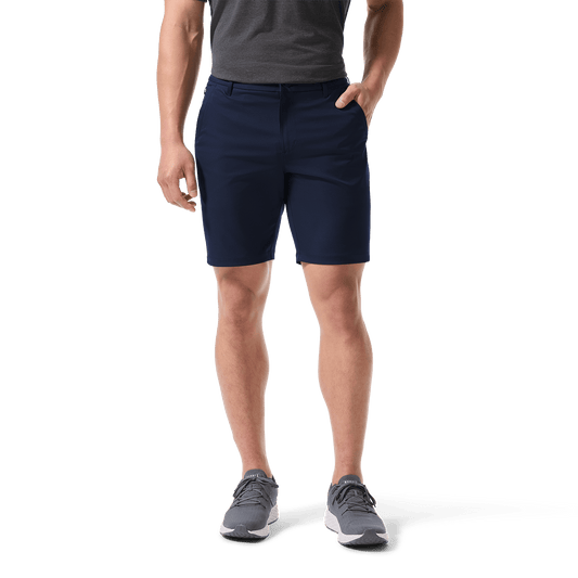 Men's Public Rec Navy Dealmaker Chino+ Short Front Lower Body Angle.
