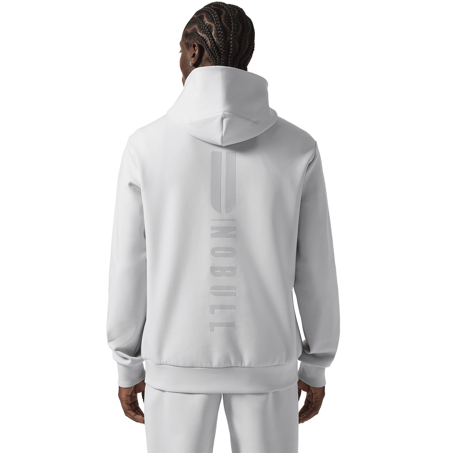 Men's Light Grey NOBULL Elements Hoodie Back Waist Up Angle.