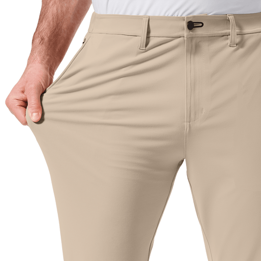 Taupe Public Rec Men's Gamechanger 5-Pocket Pant Stretch Detail Angle.