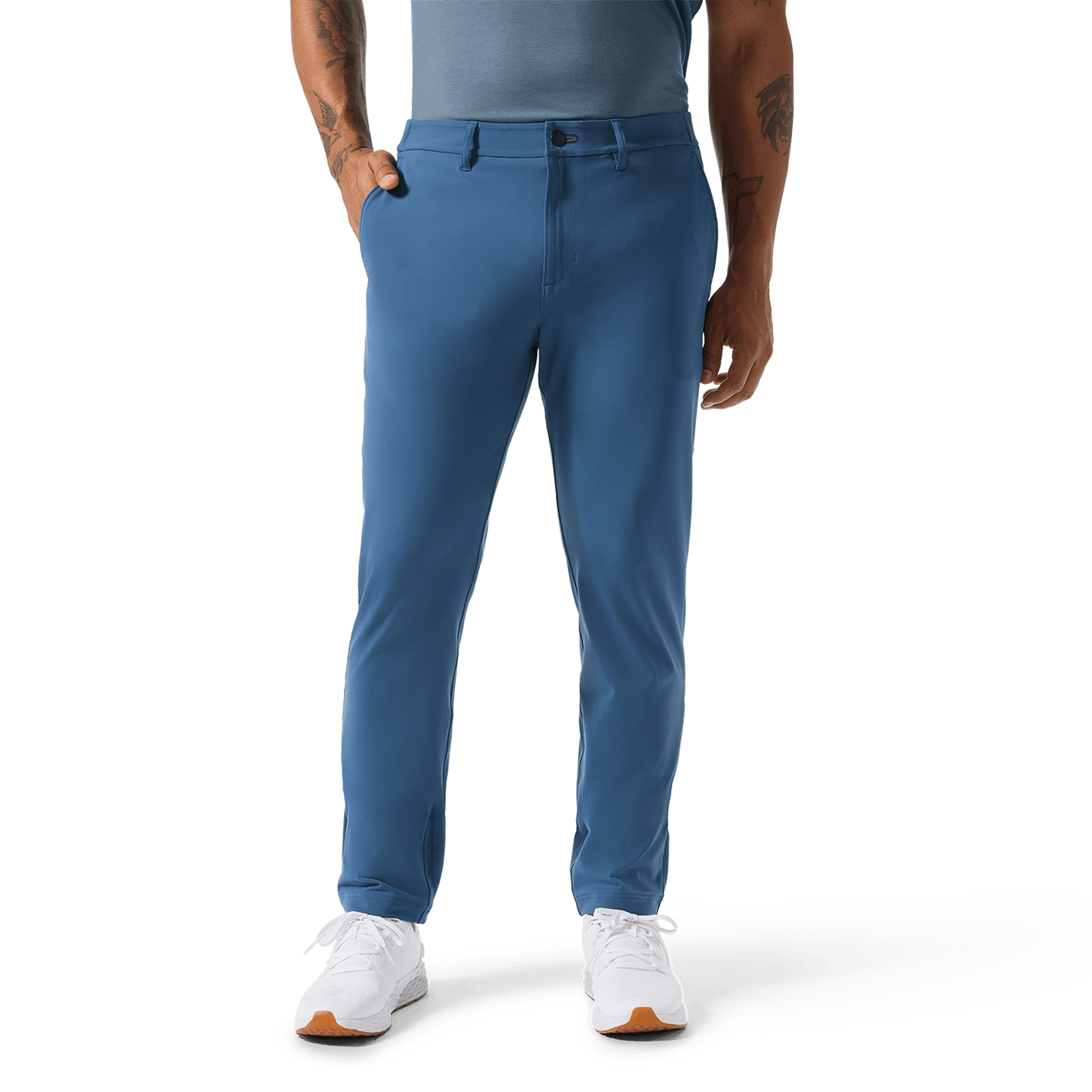 Men's Naval Blue Gamechanger 5-Pocket Pant Low Body Angle.
