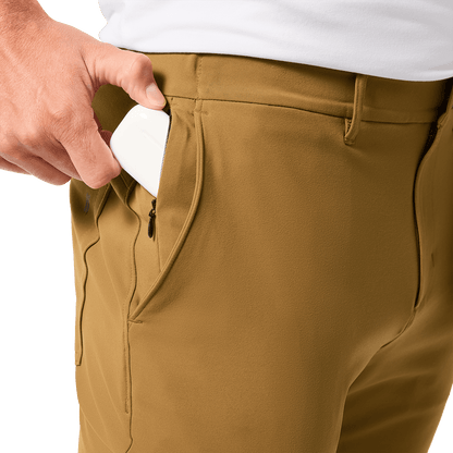 Men's Saddle Tan Gamechanger 5-Pocket Pant Secret Pocket Detail Angle.