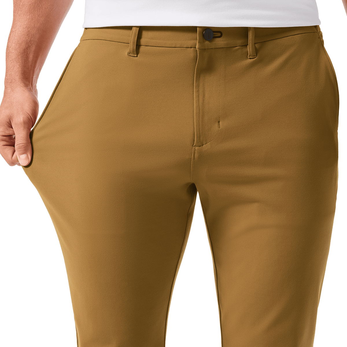 Men's Saddle Tan Gamechanger 5-Pocket Pant Front Stretch Detail Angle.