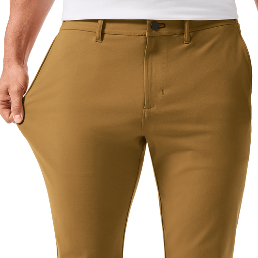 Men's Saddle Tan Gamechanger 5-Pocket Pant Front Stretch Detail Angle.