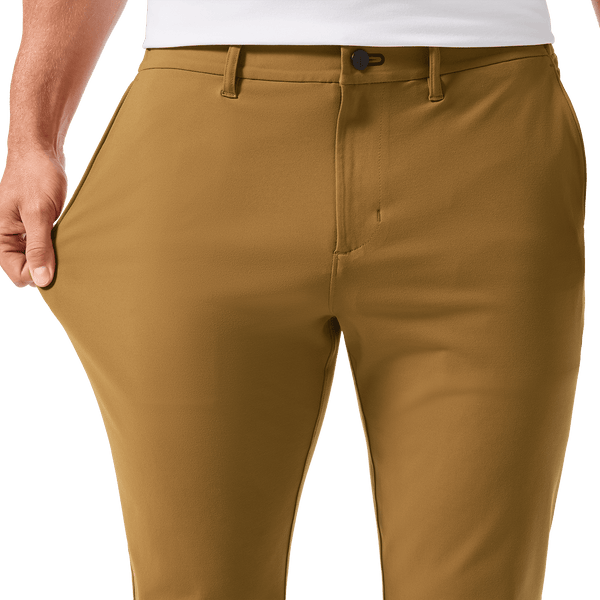 Men's Saddle Tan Gamechanger 5-Pocket Pant Front Stretch Detail Angle.