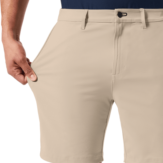 Taupe Public Rec Gamechanger 5 Pocket Short Stretch Detail Angle.