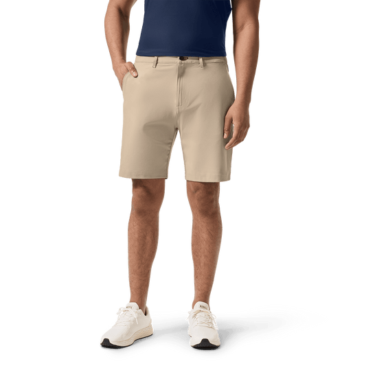 Taupe Public Rec Gamechanger 5 Pocket Short Front Lower Body Angle.