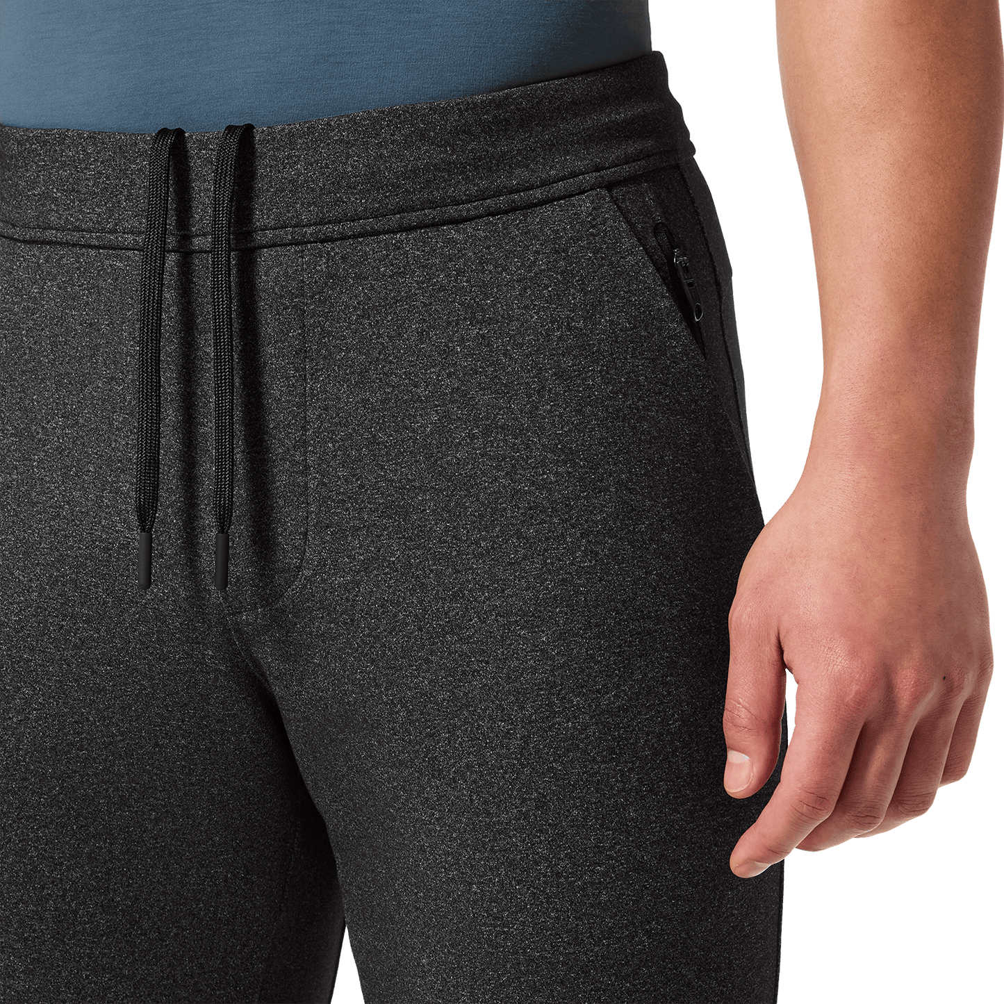 Charcoal Heather Men's Public Rec Gamechanger Jogger Drawstring Detail Angle.