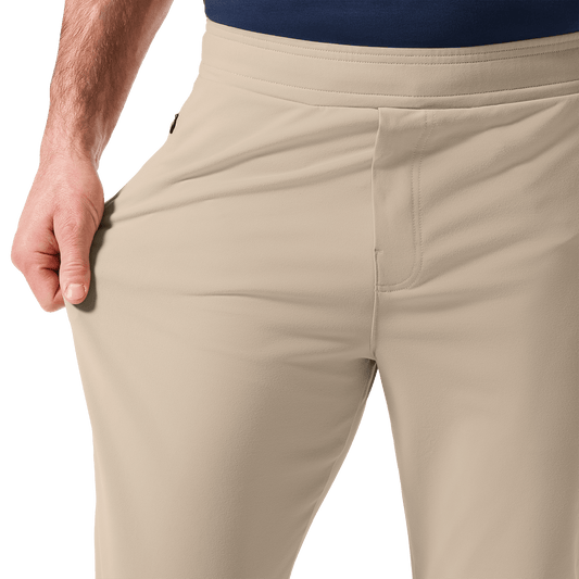 Taupe Public Rec Men's Gamechanger Rec Pant Stretch Detail Angle.