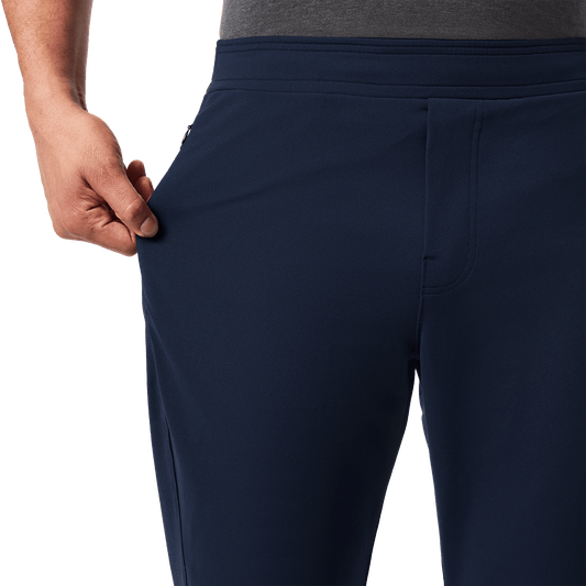 Navy Public Rec Men's Gamechanger Rec Pant Stretch Detail Angle.