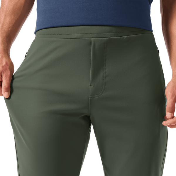 Men's Shadow Olive Gamechanger Rec Pant Stretch Detail Angle.