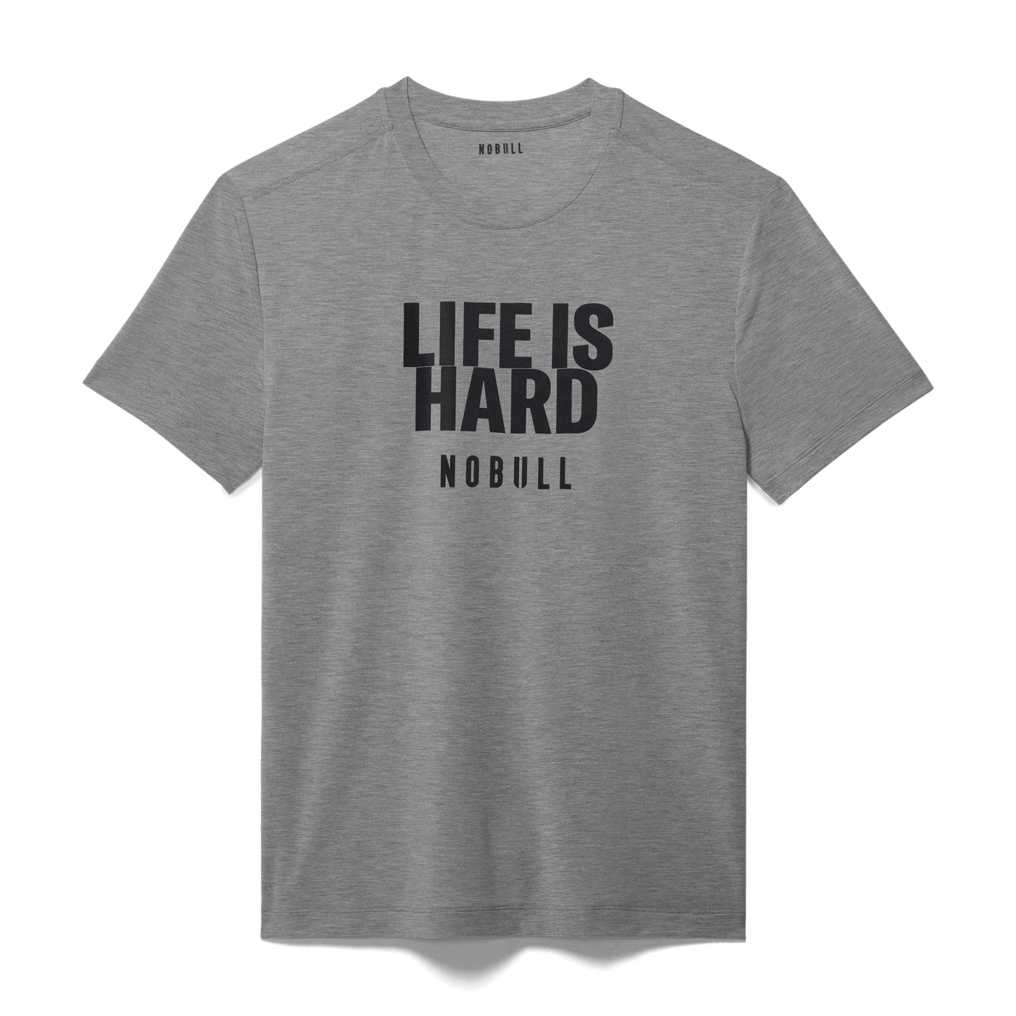 Men's Heather Grey Life Is Hard Tee Flat Lay Angle.