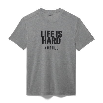 Men's Heather Grey Life Is Hard Tee Flat Lay Angle.