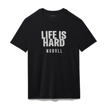 Men's Black Life Is Hard Tee Flat Lay Angle.