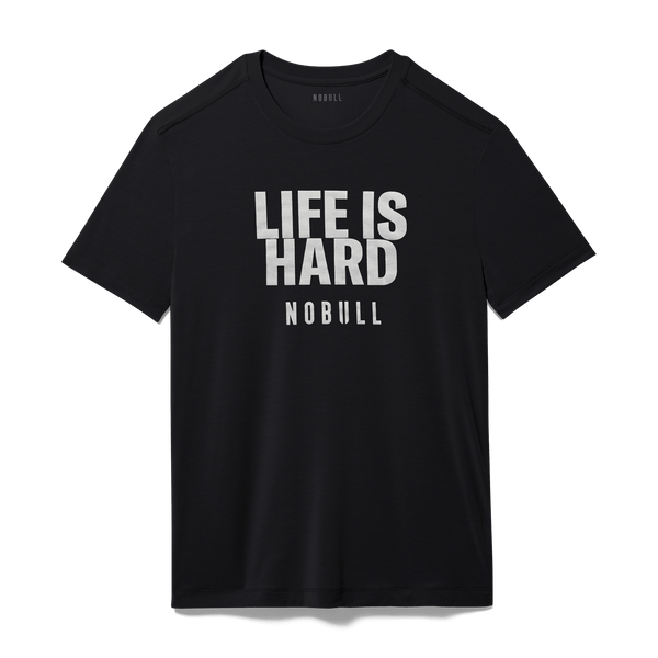 Men's Black Life Is Hard Tee Flat Lay Angle.