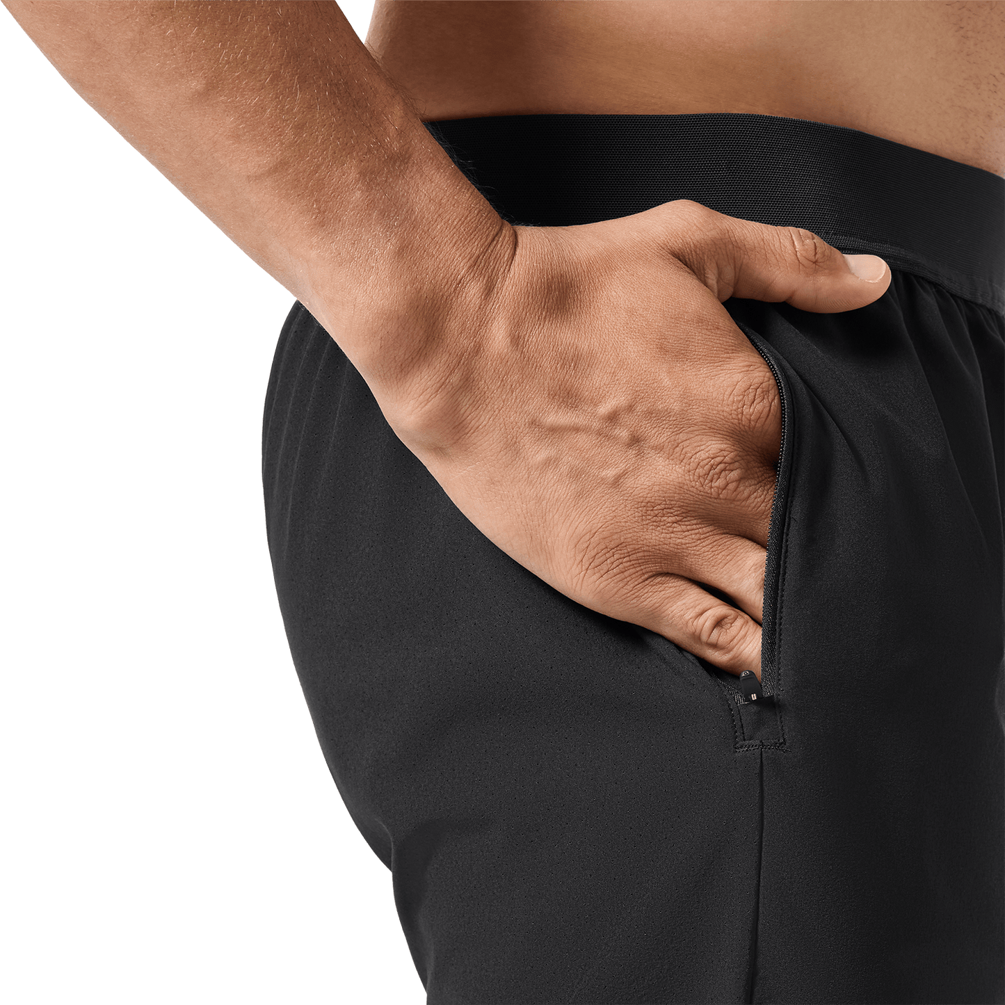 Men's Black NOBULL Drive Short 6" (Lined) Pocket Detail Angle.