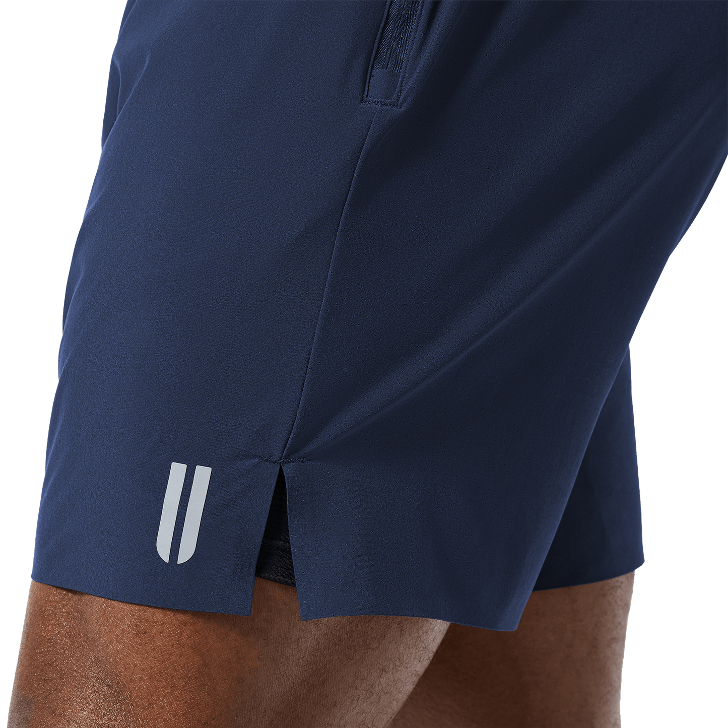 Men's Night Navy Drive Short 6" (Lined) U Logo Detail Angle.