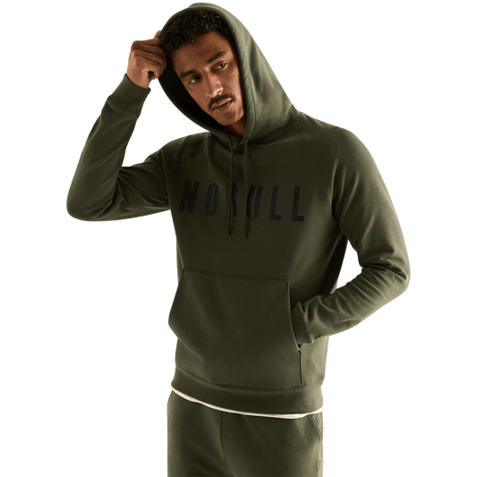 Men's Dark Army NOBULL Layers Hoodie Front Hood Up Angle.