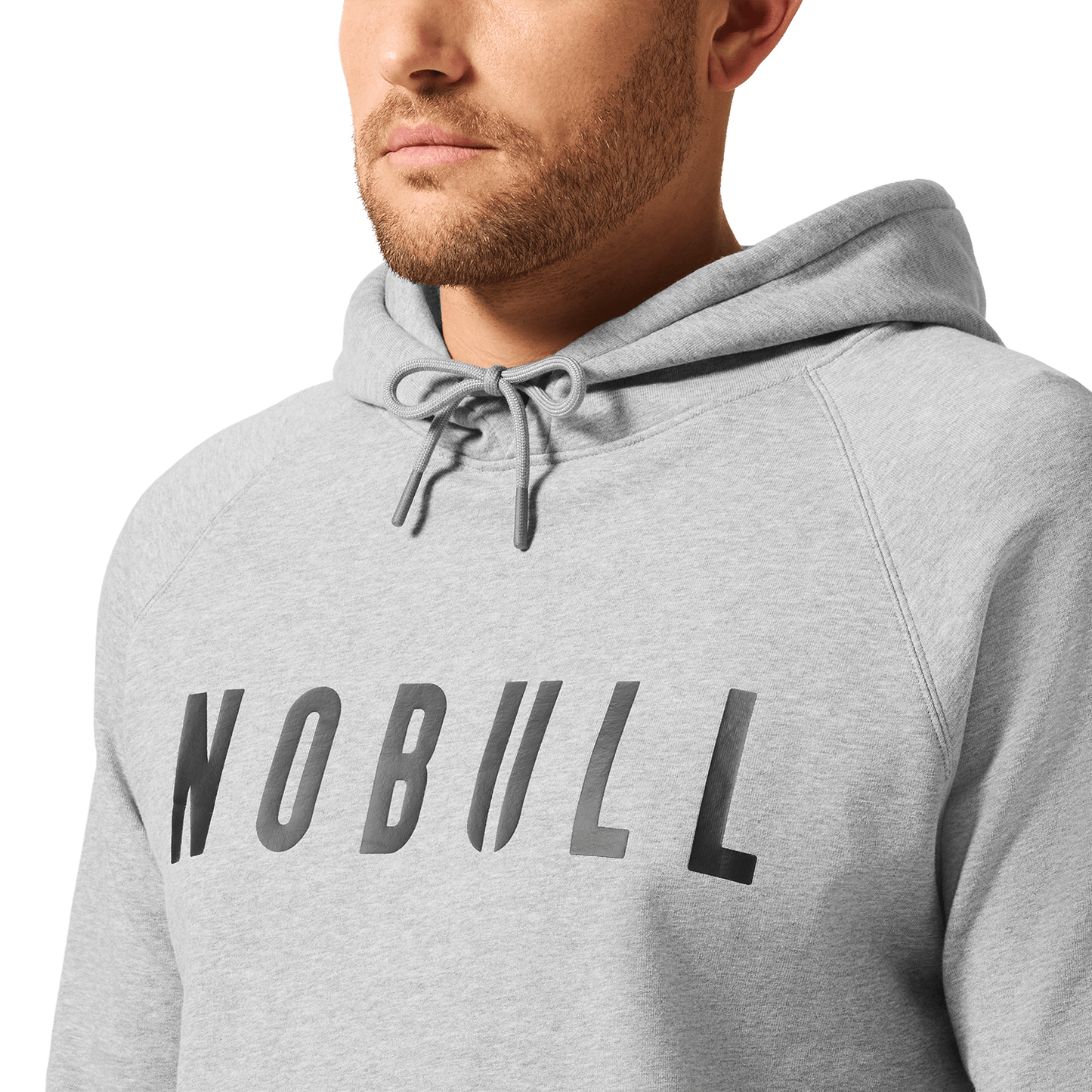 Men's Grey Heather NOBULL Hoodie Front Detail Angle.