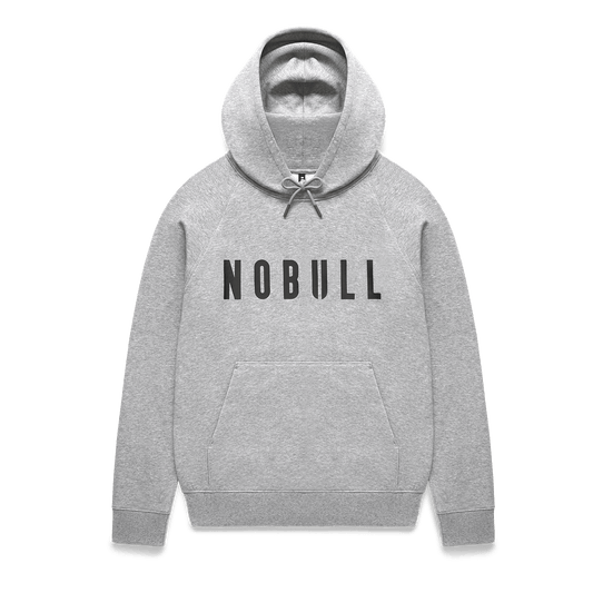
                        Men's Grey Heather NOBULL Hoodie Flat Lay Angle.
                      