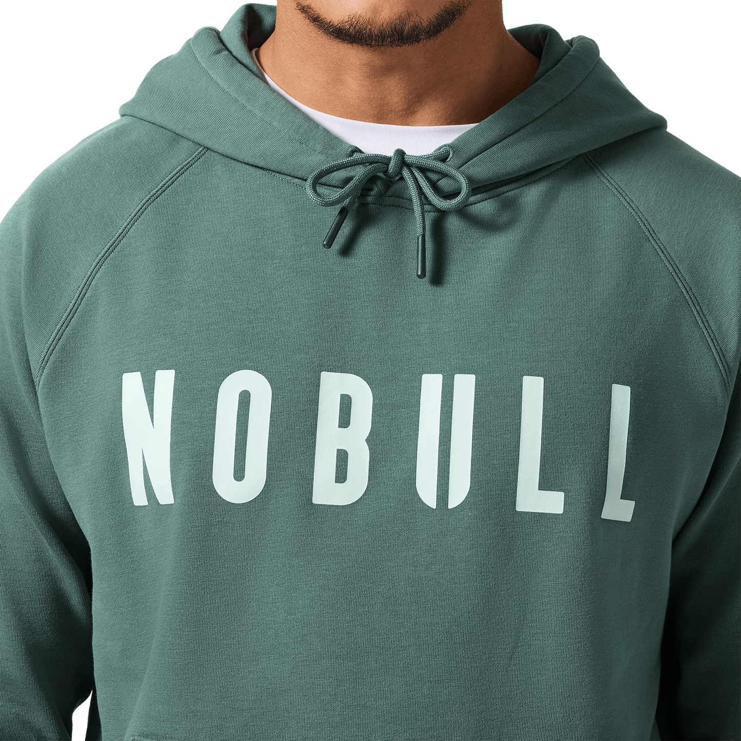 Men's Silver Pine NOBULL Hoodie Front Detail On Body Angle.