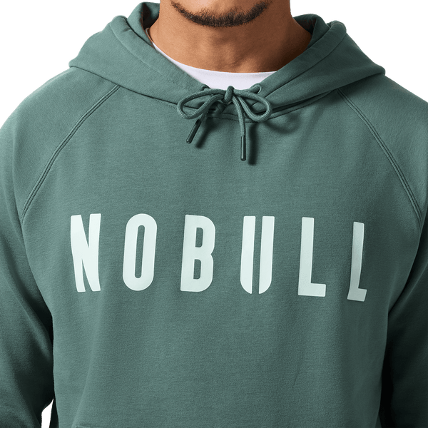 Men's Silver Pine NOBULL Hoodie Front Detail On Body Angle.
