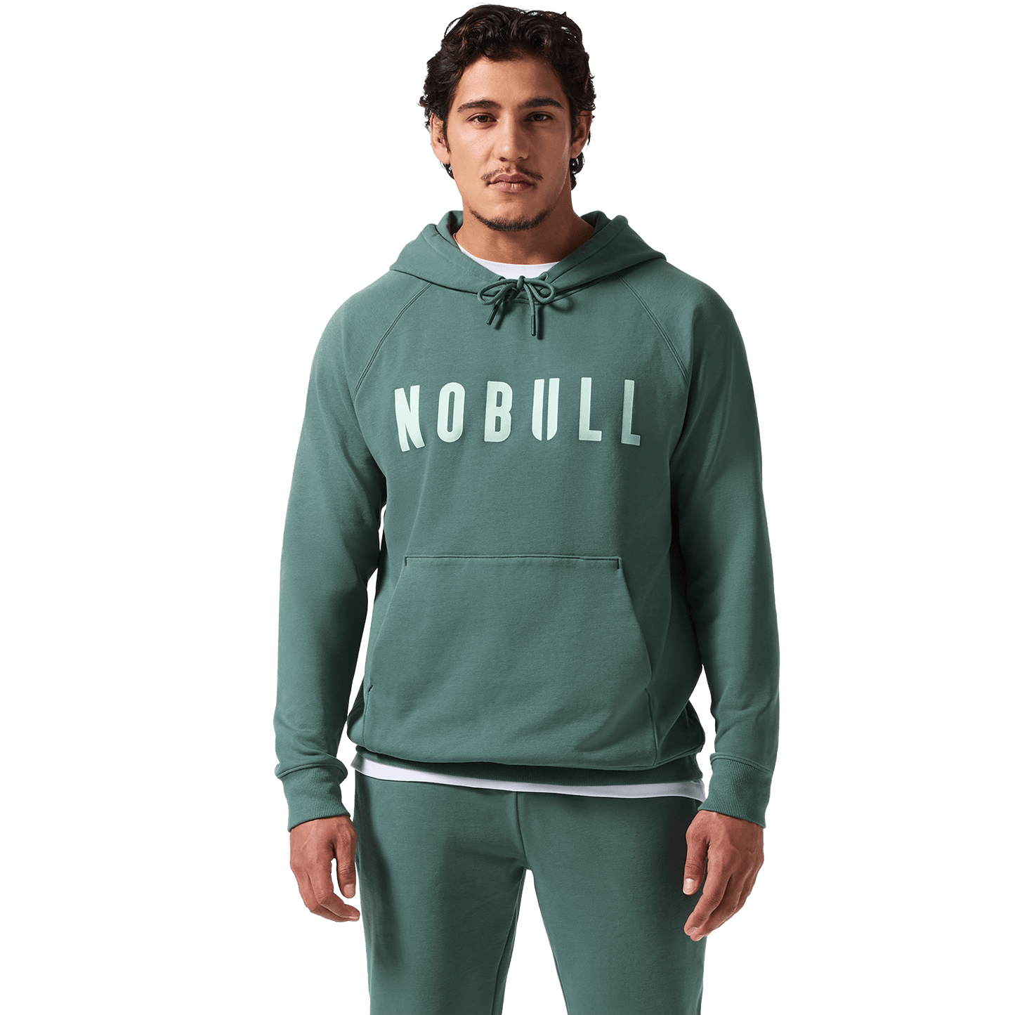 Men's Silver Pine NOBULL Hoodie Front On Body Angle.