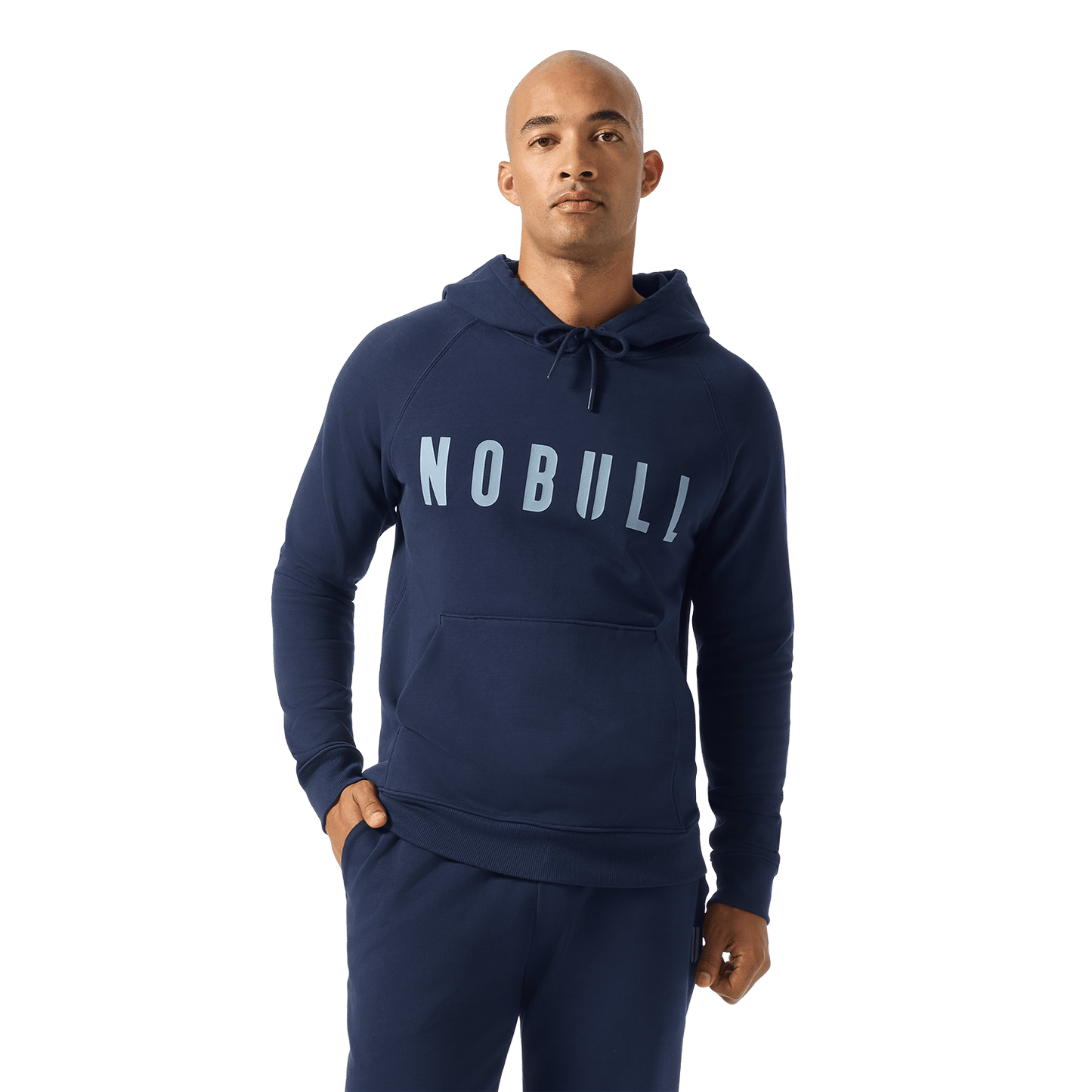Men's Night Navy NOBULL Hoodie Front Waist Up Angle.