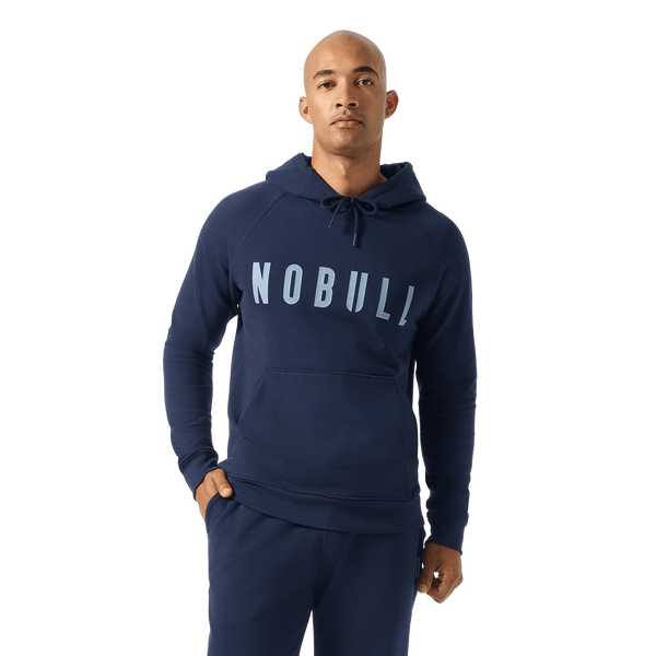 Men's Night Navy NOBULL Hoodie Front Waist Up Angle.