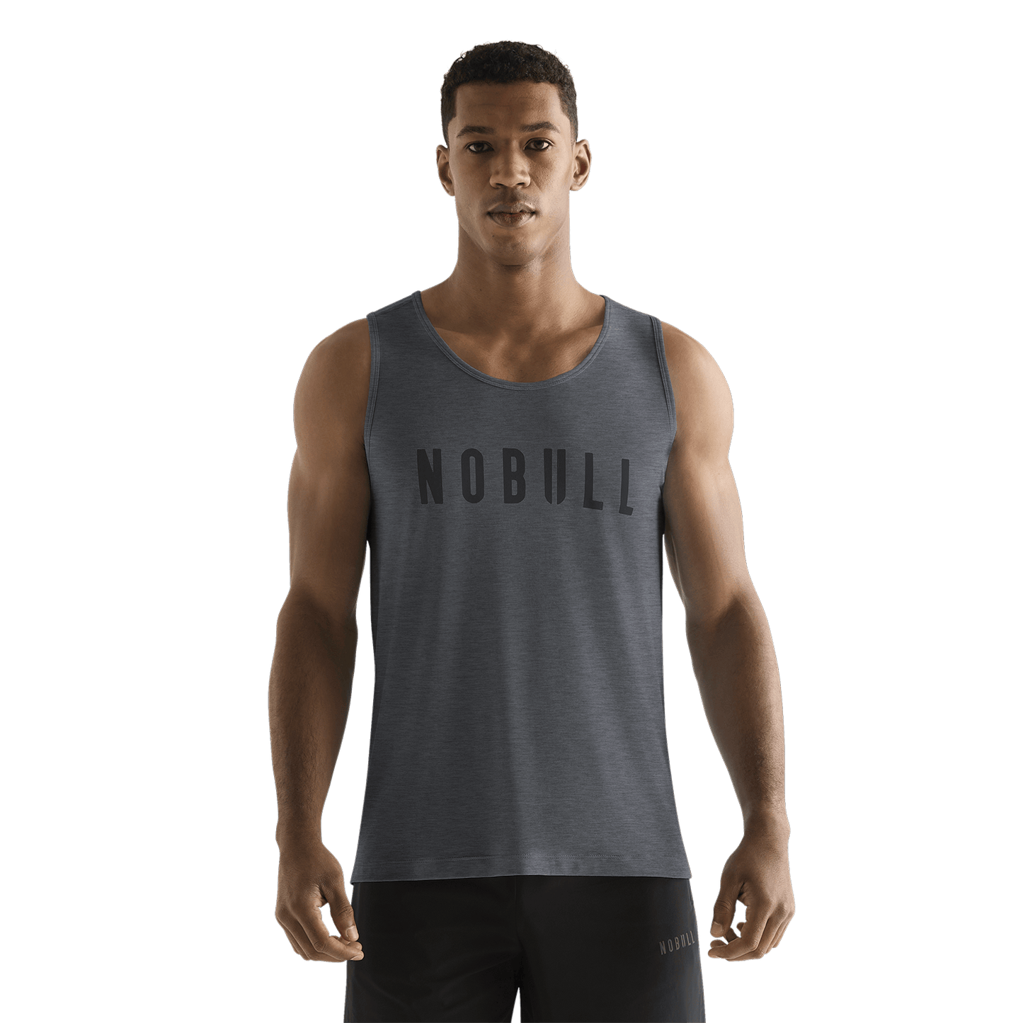 Men's Charcoal Heather NOBULL Tank Front On Body Angle.