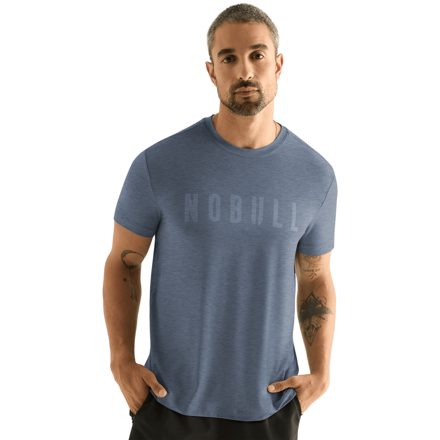 Men's  Dusty Blue Heather NOBULL Tee Front Angle. 
