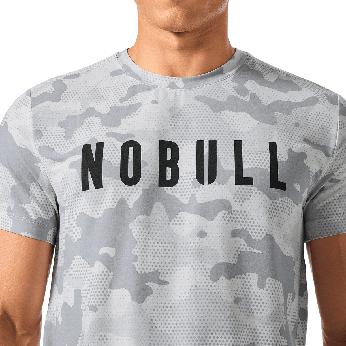 Men's Light Gray Camo NOBULL Tee Front Detail Angle.