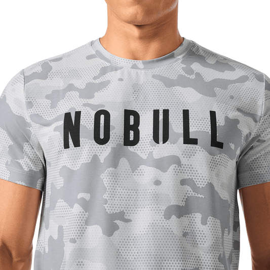Men's Light Gray Camo NOBULL Tee Front Detail Angle.